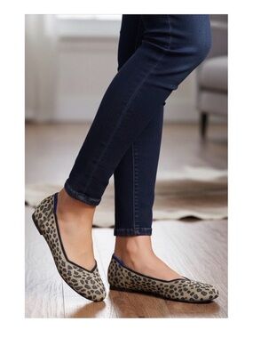 Rothy's Leopard Print Ballet Flats in Tan and Black with Blue Trim